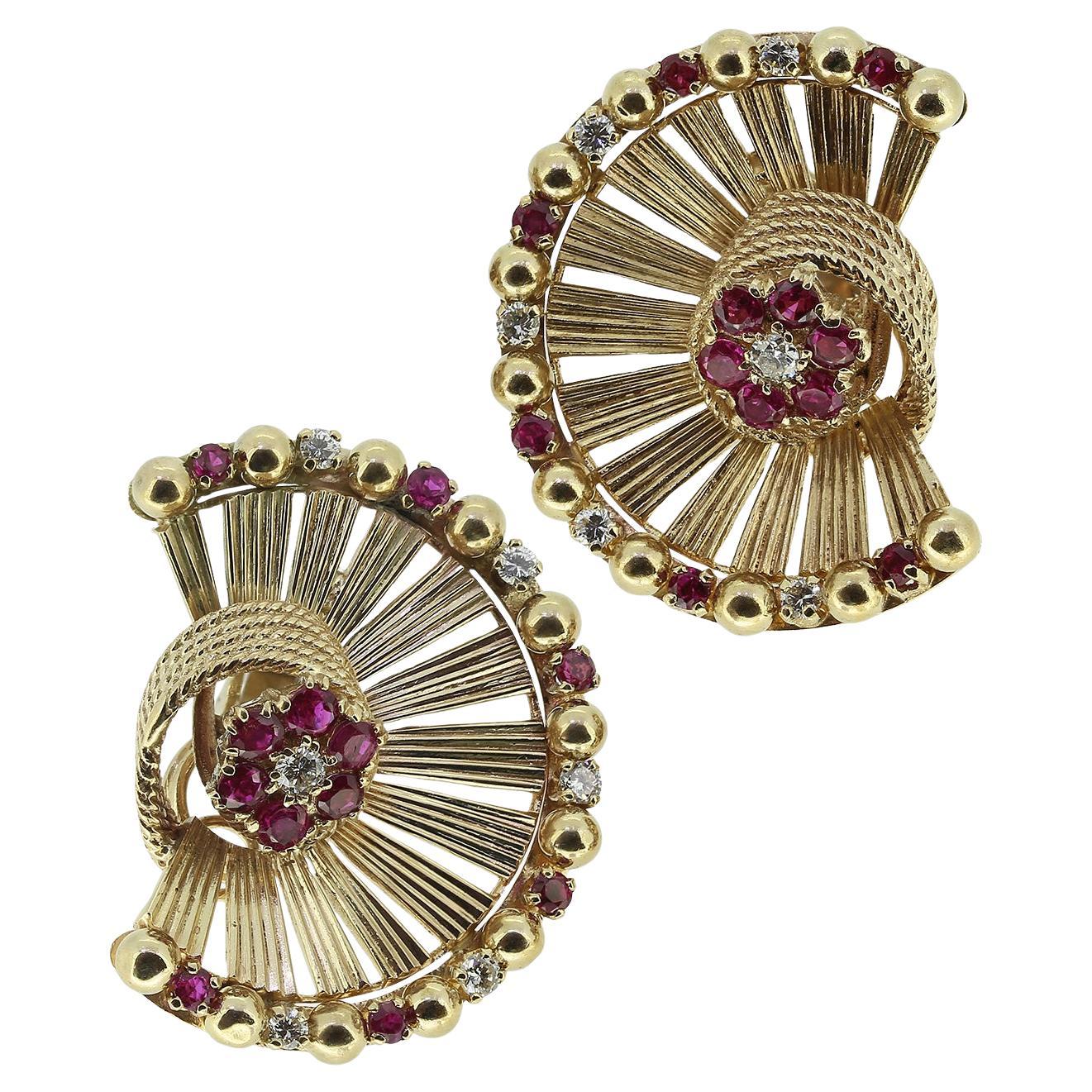 Boucles d'oreilles Sannit et Stein en rubis et diamants du milieu du siècle dernier