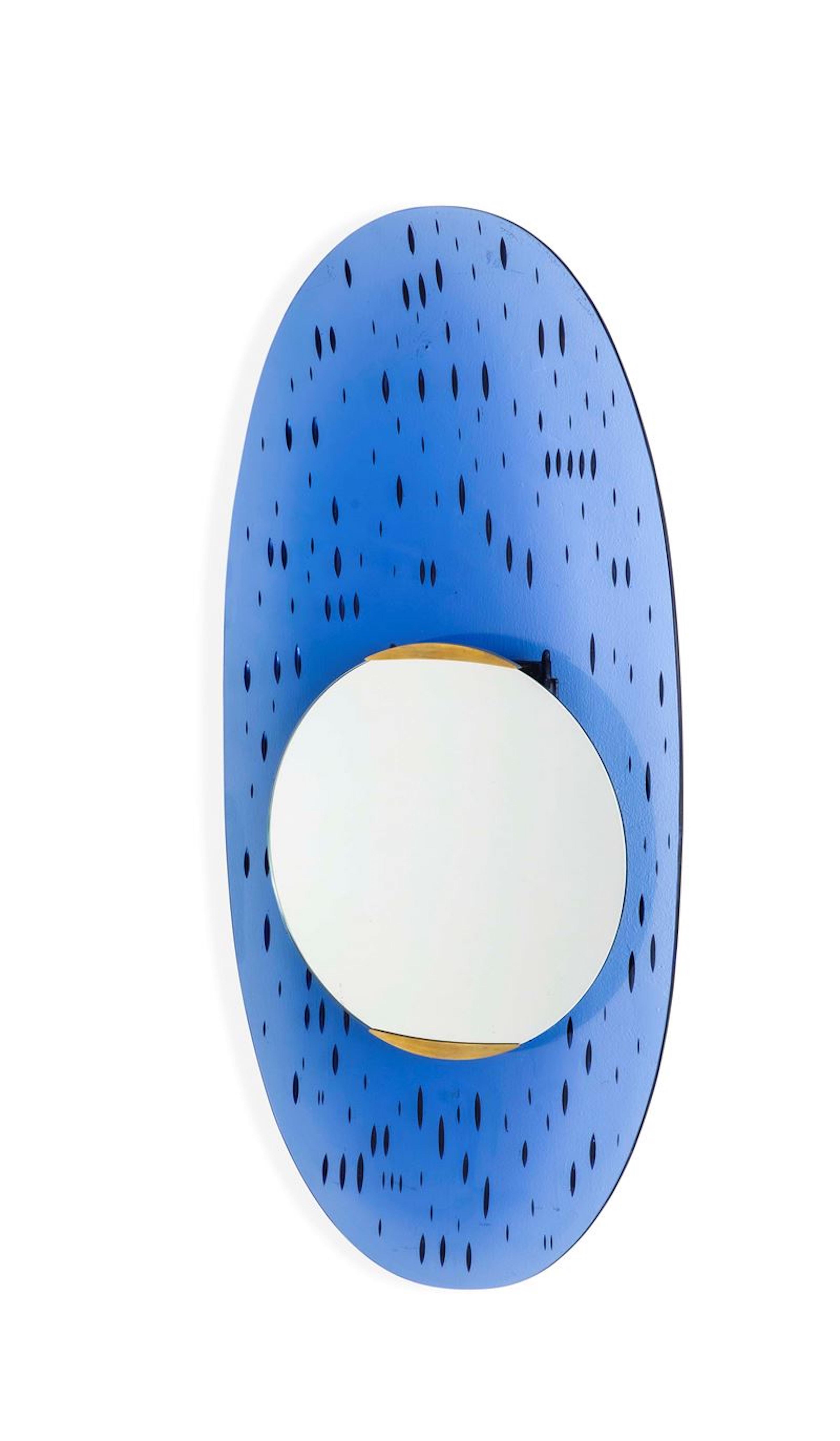 Mid-Century Modern Mid-Century Santambrogio & De Berti Oval Blue Mirror, Italy, 1960 For Sale
