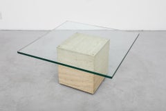 Mid-Century Saporiti Inspired Travertine Coffee or Side Table with Glass Top