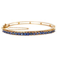 Mid Century Sapphire 14k Yellow Gold Hinged Bangle Bracelet