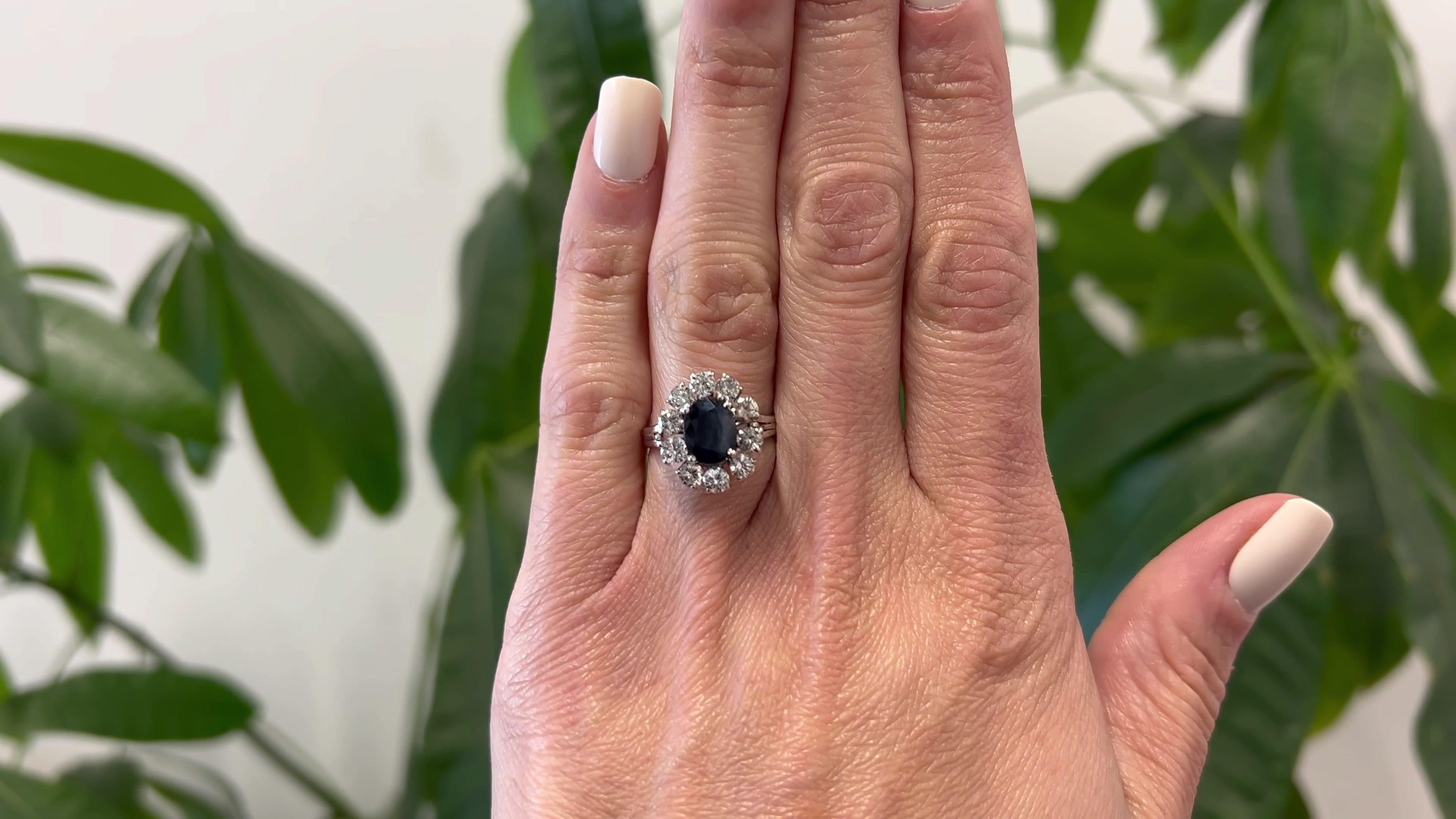 Mixed Cut Mid-Century Sapphire and Diamond 18k White Gold Cluster Ring For Sale