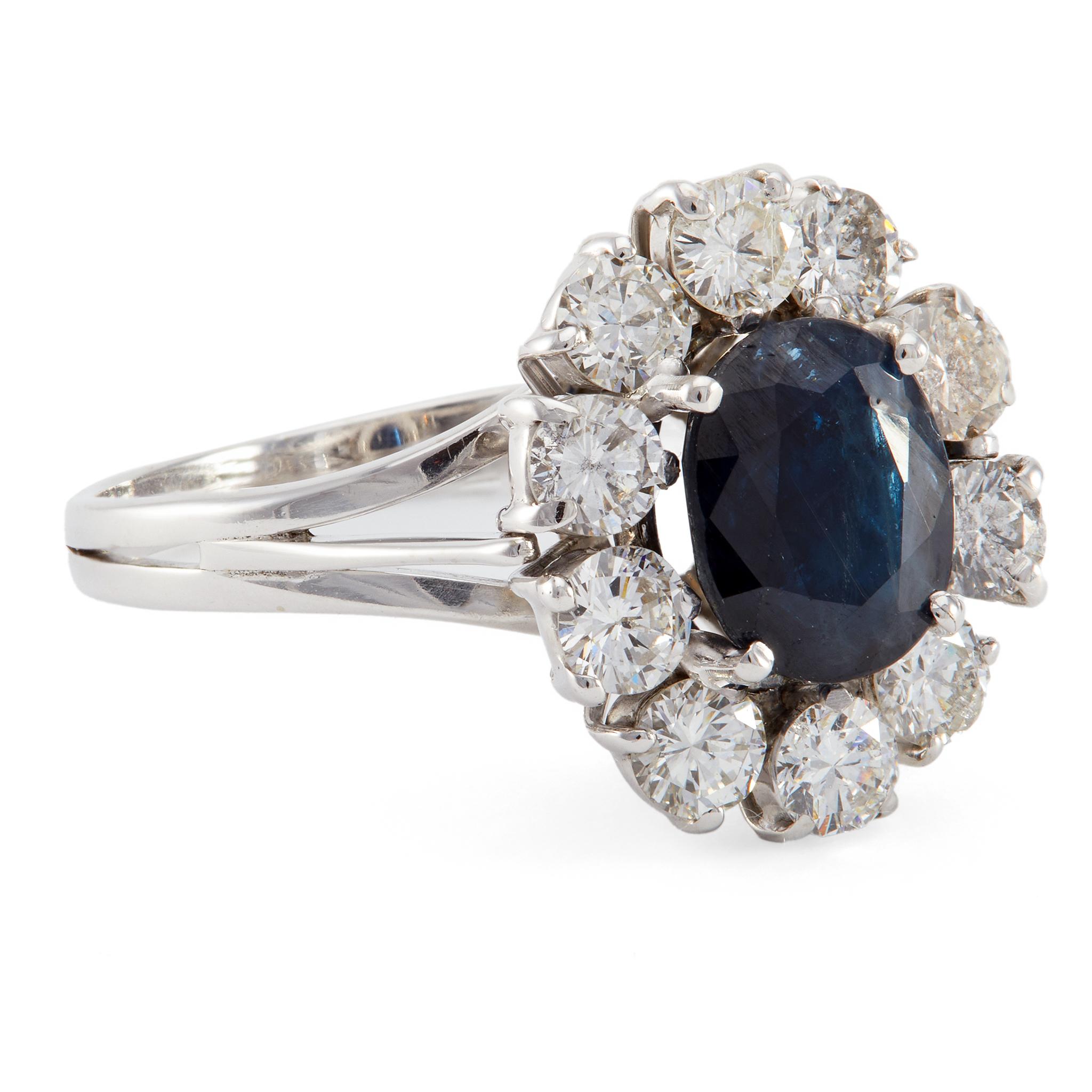 Women's or Men's Mid-Century Sapphire and Diamond 18k White Gold Cluster Ring For Sale