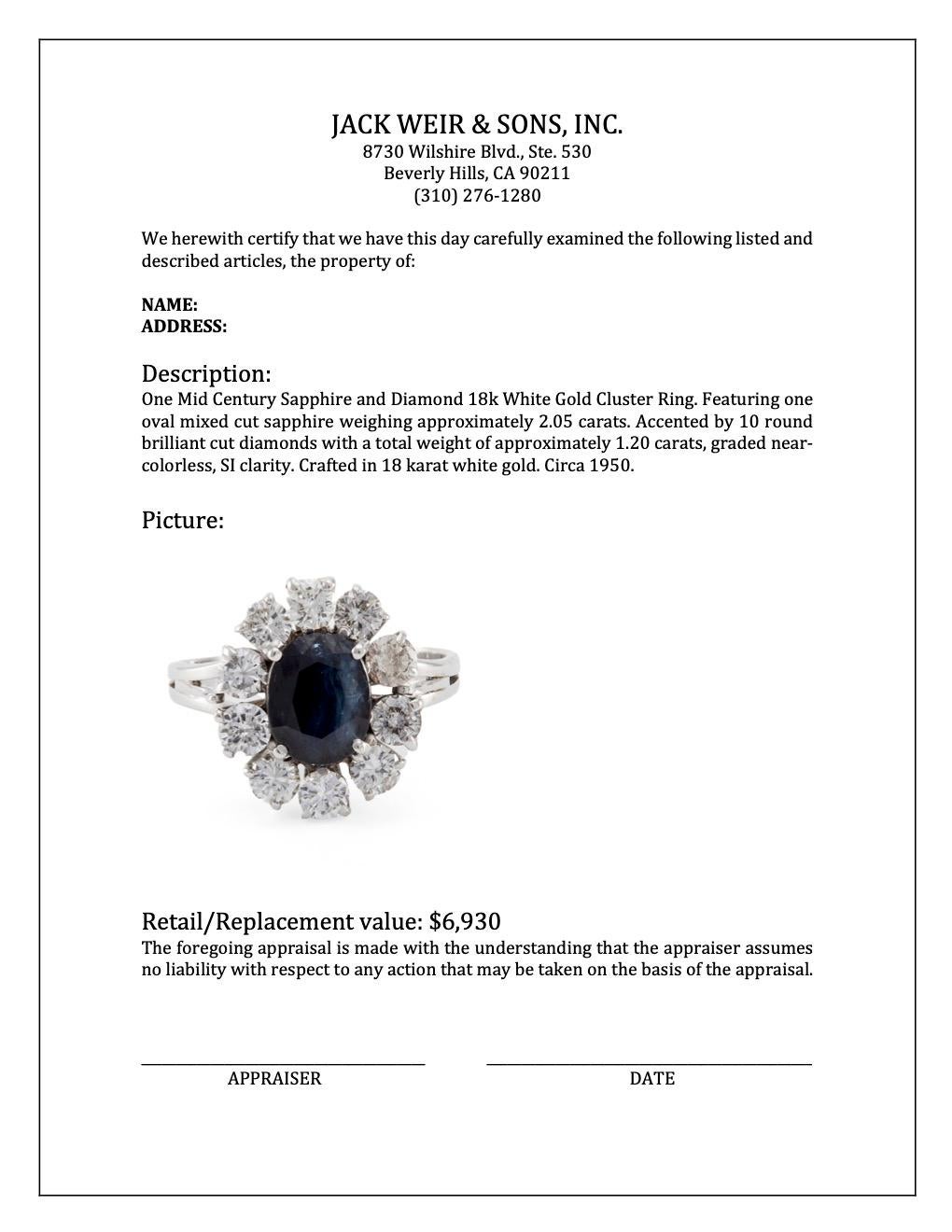 Cluster-Ring mit Saphiren und Diamanten aus der Mitte des Jahrhunderts, 18 Karat Weißgold im Angebot 1