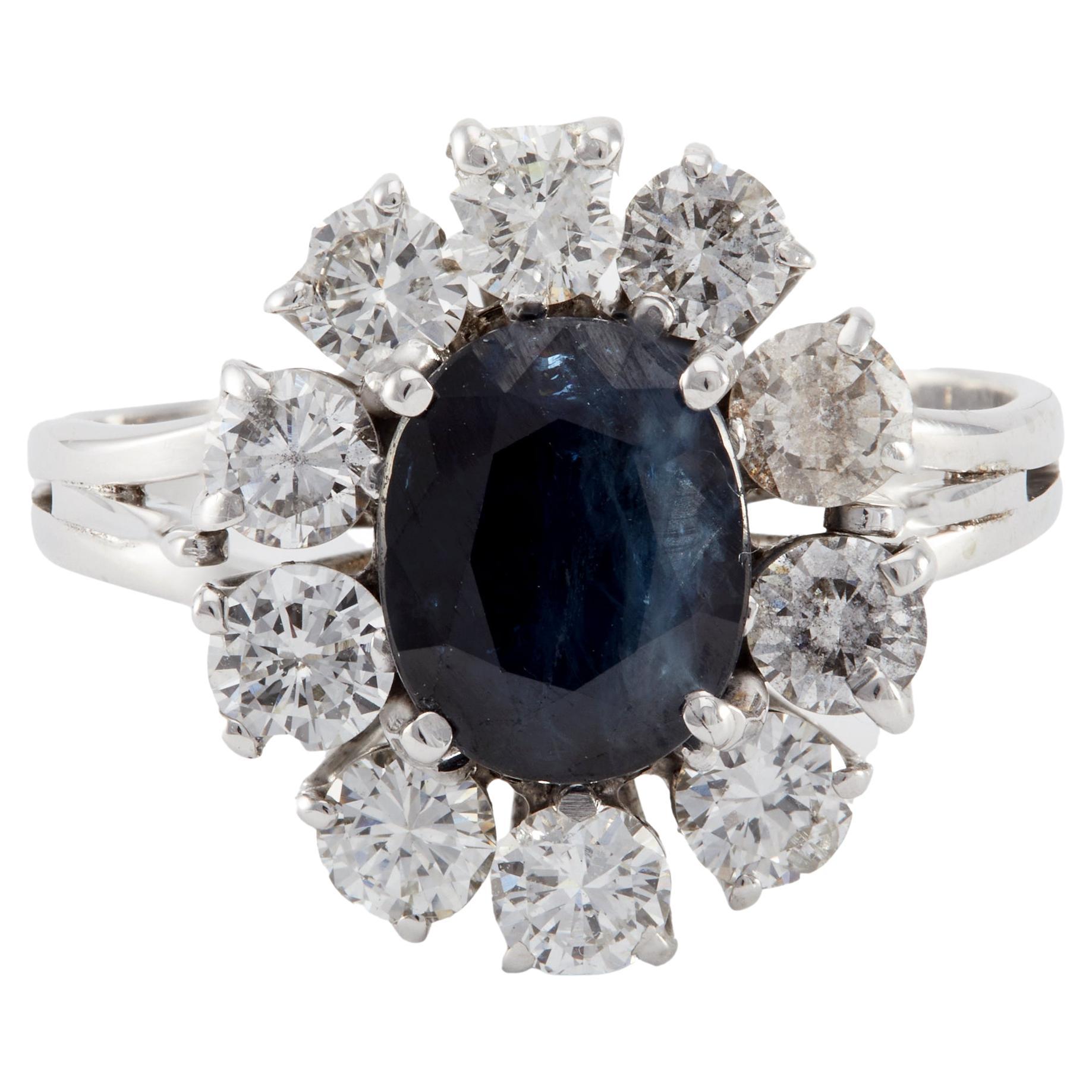 Mid-Century Sapphire and Diamond 18k White Gold Cluster Ring