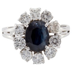Mid Century Sapphire and Diamond 18k White Gold Cluster Ring