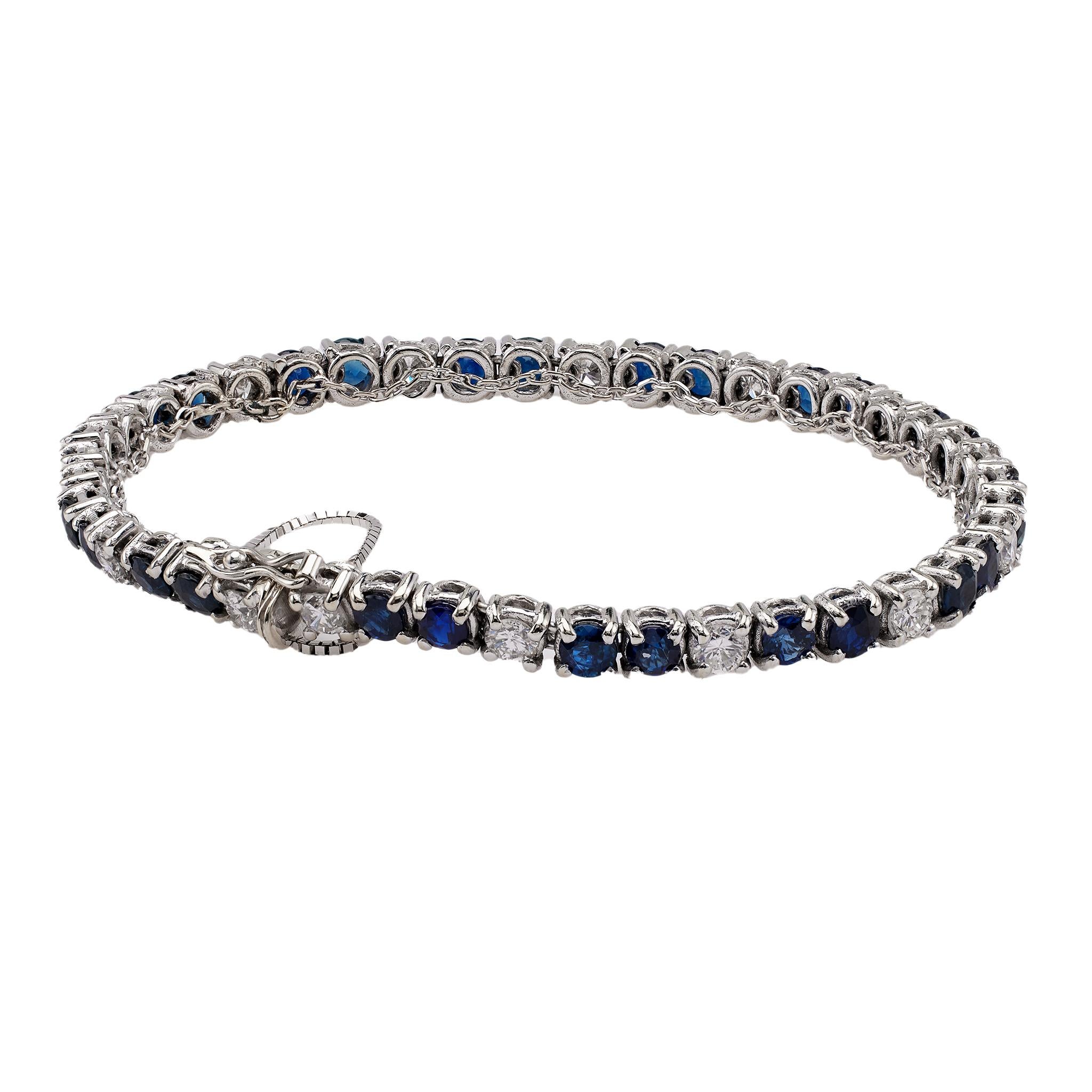 Women's or Men's Mid-Century Sapphire and Diamond 18k White Gold Tennis Bracelet For Sale