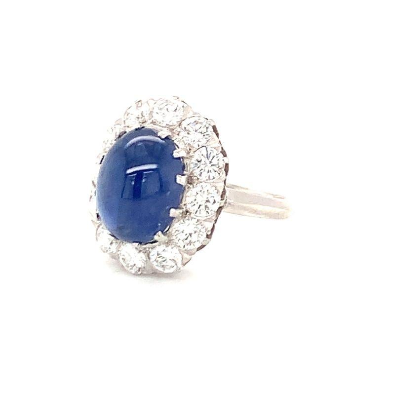 Cabochon Mid-Century Sapphire and Diamond Platinum and 18K White Gold Ring, circa 1950s For Sale