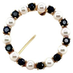 Mid Century Sapphire and Pearl 14k Yellow Gold Circle Brooch 1960s