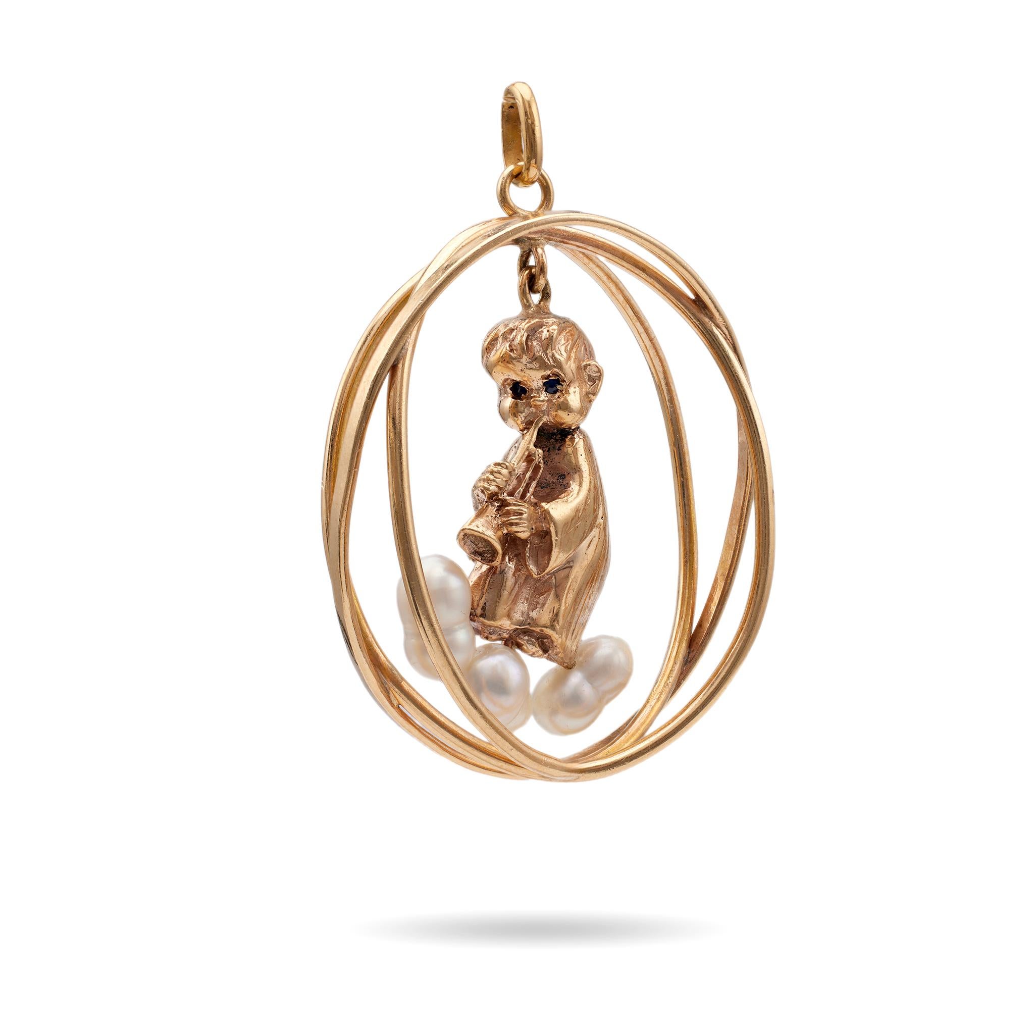 Mid-Century Sapphire and Pearl Cherub 14k Yellow Gold Pendant In Good Condition For Sale In Beverly Hills, CA