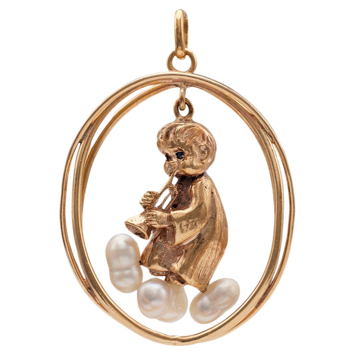 Mid-Century Sapphire and Pearl Cherub 14k Yellow Gold Pendant For Sale