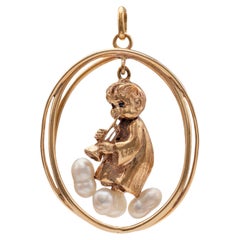 Mid-Century Sapphire and Pearl Cherub 14k Yellow Gold Pendant