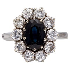 Midcentury Sapphire Diamond 14k White Gold Cluster Ring