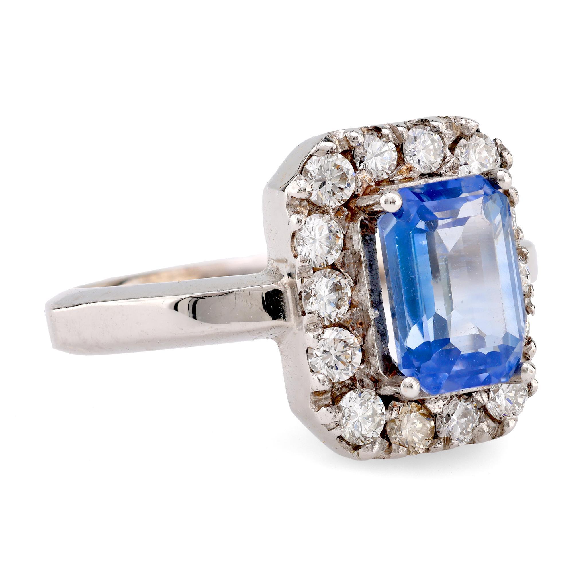 Emerald Cut Mid Century Sapphire Diamond 14K White Gold Ring