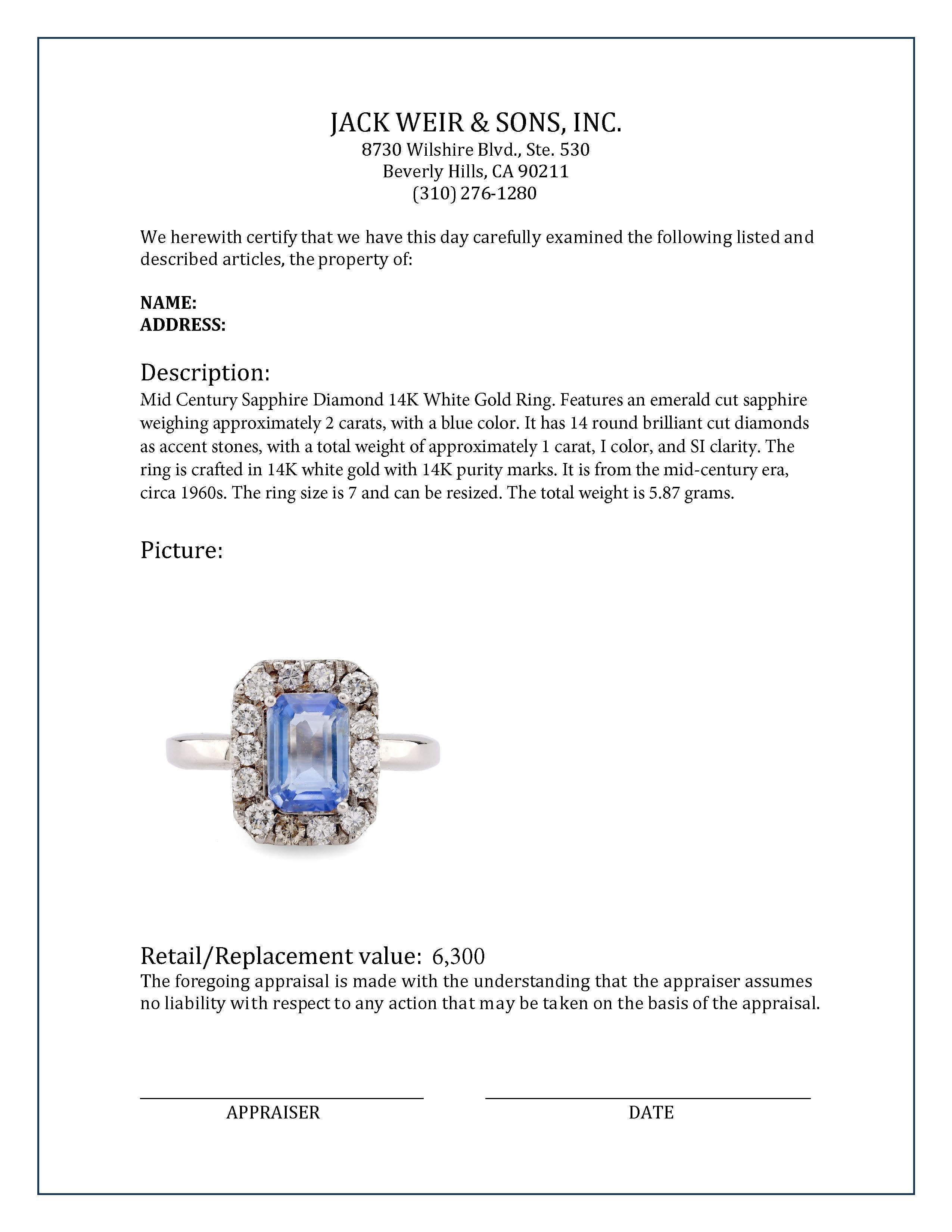 Women's or Men's Mid Century Sapphire Diamond 14K White Gold Ring
