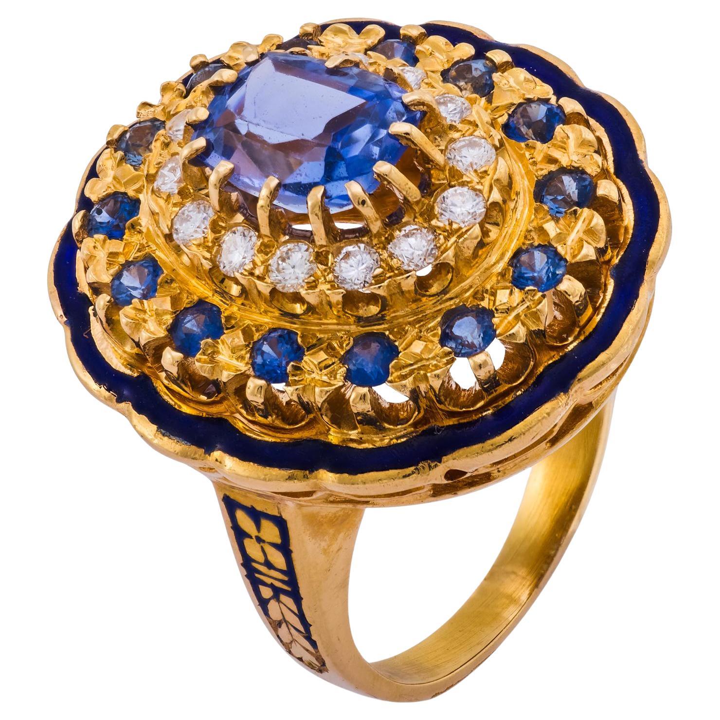 Mid Century sapphire diamond 14k yellow gold enamel cocktail ring For Sale
