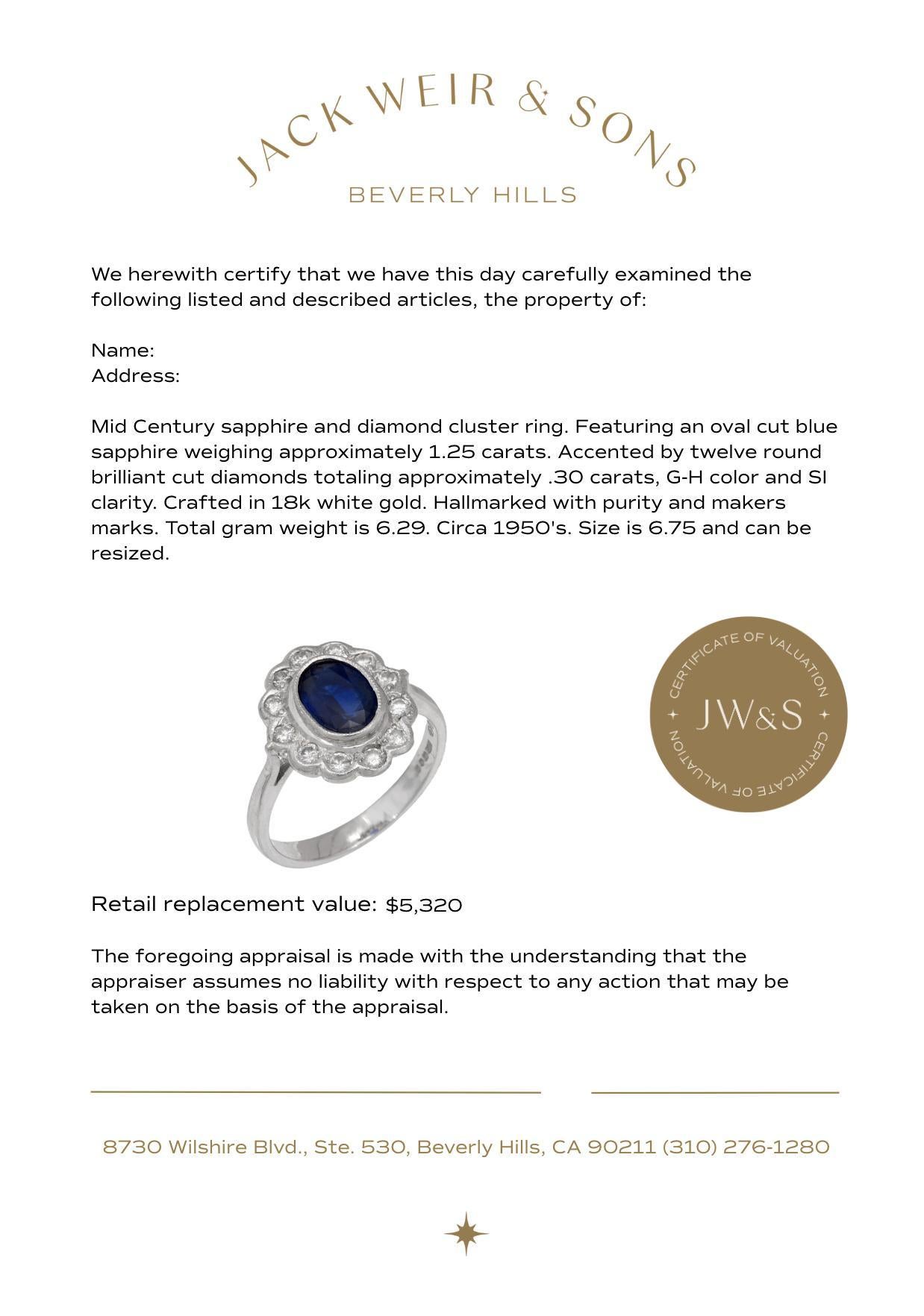 De las mujeres Mid Century sapphire diamond 18k white gold cluster ring en venta