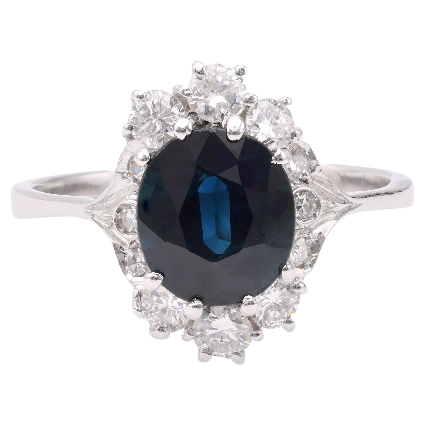 Mid-Century Sapphire Diamond 18k White Gold Cluster Ring For Sale