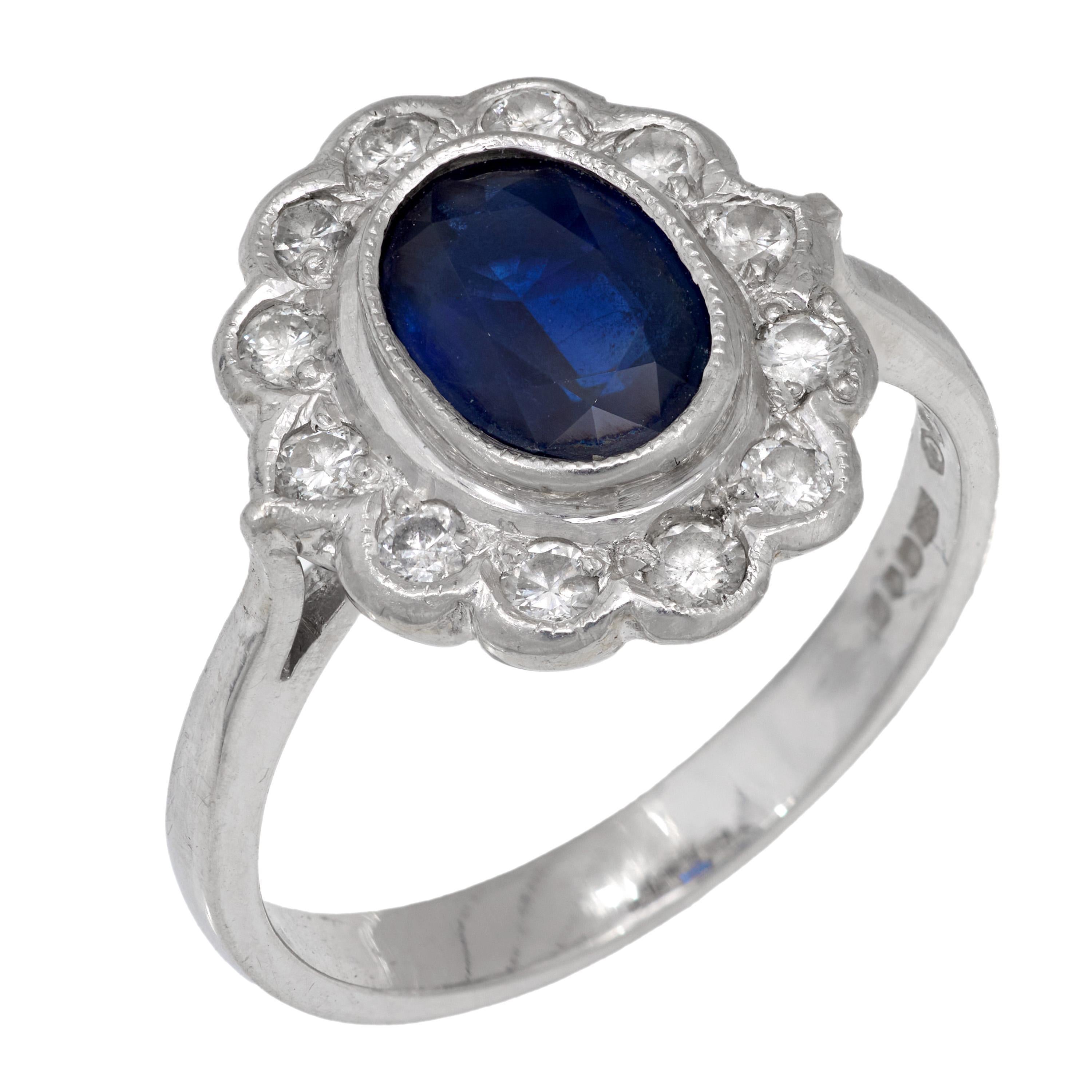 Mid Century sapphire diamond 18k white gold cluster ring