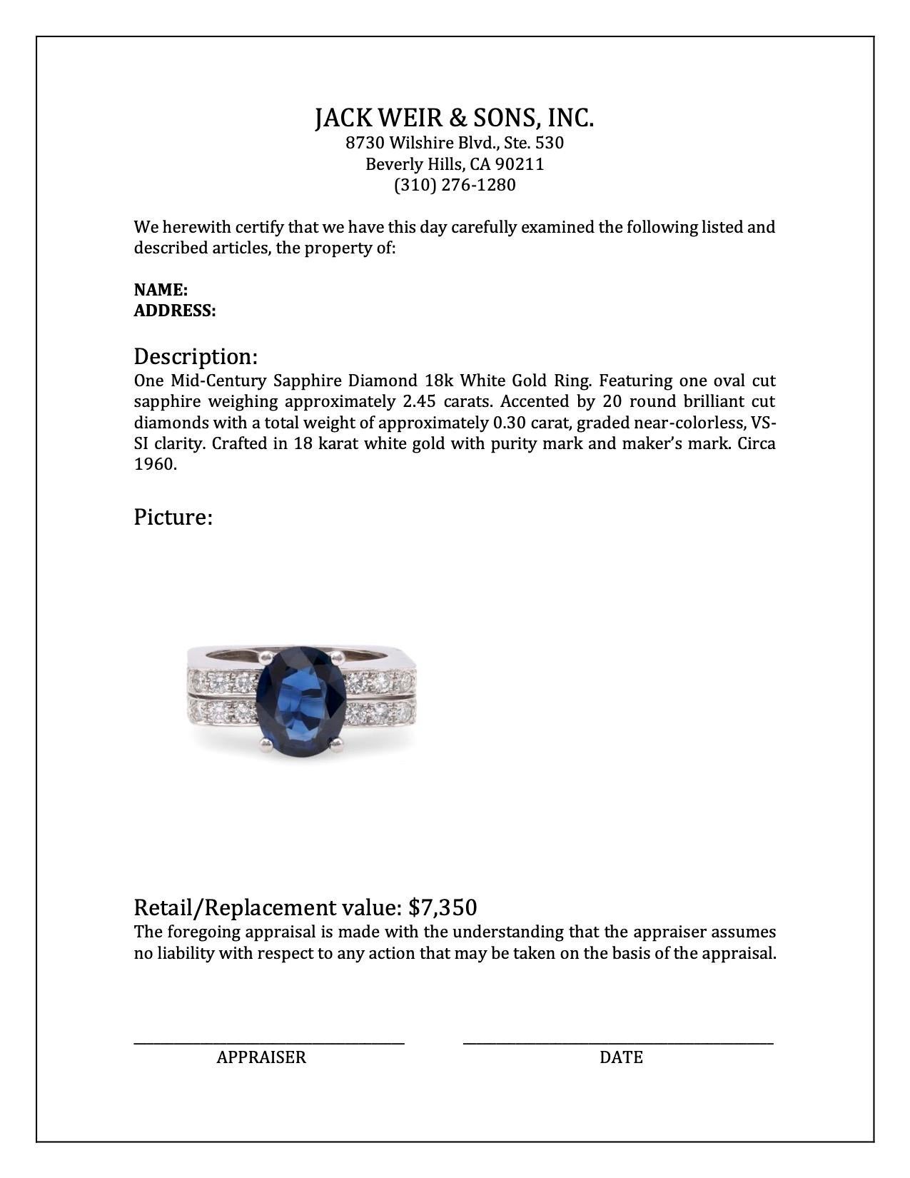 Mid-Century Sapphire Diamond 18k White Gold Ring For Sale 1