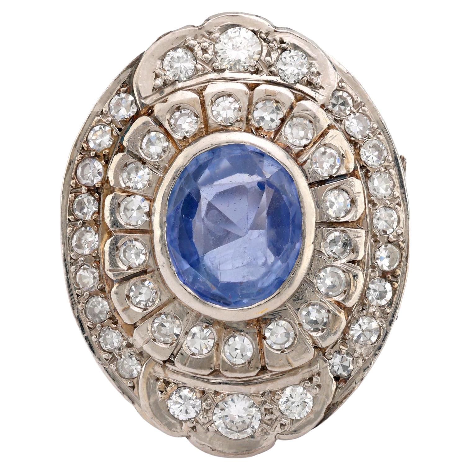 Mid Century sapphire diamond 18k white gold ring