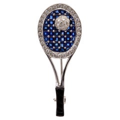Mid Century Sapphire Diamond 18k White Gold Tennis Racket Brooch