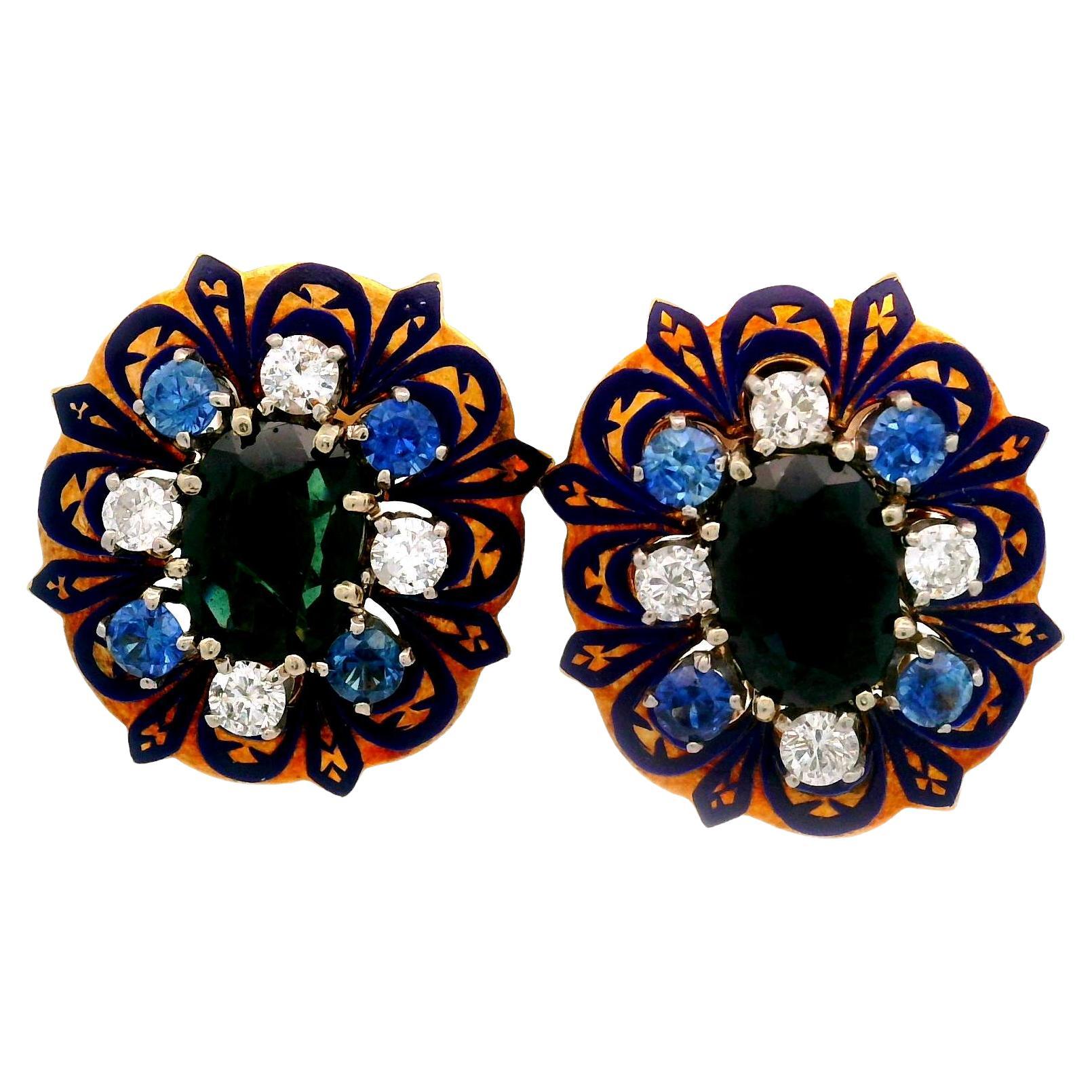 Pendientes Zafiro Diamante Esmalte Oro Amarillo 14k Mediados de Siglo