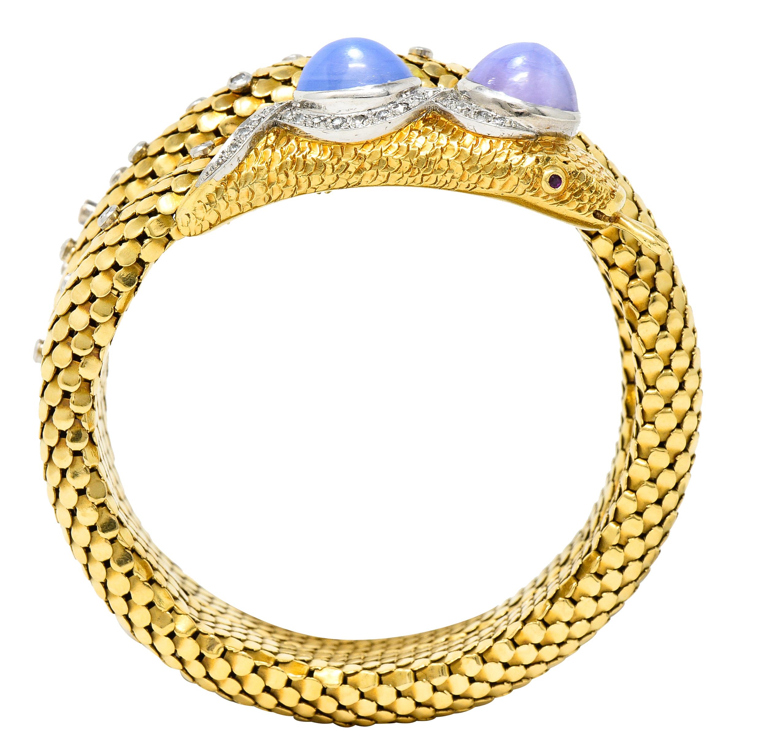 Mid-Century Sapphire Diamond Platinum 14 Karat Yellow Gold Snake Wrap Bracelet 4