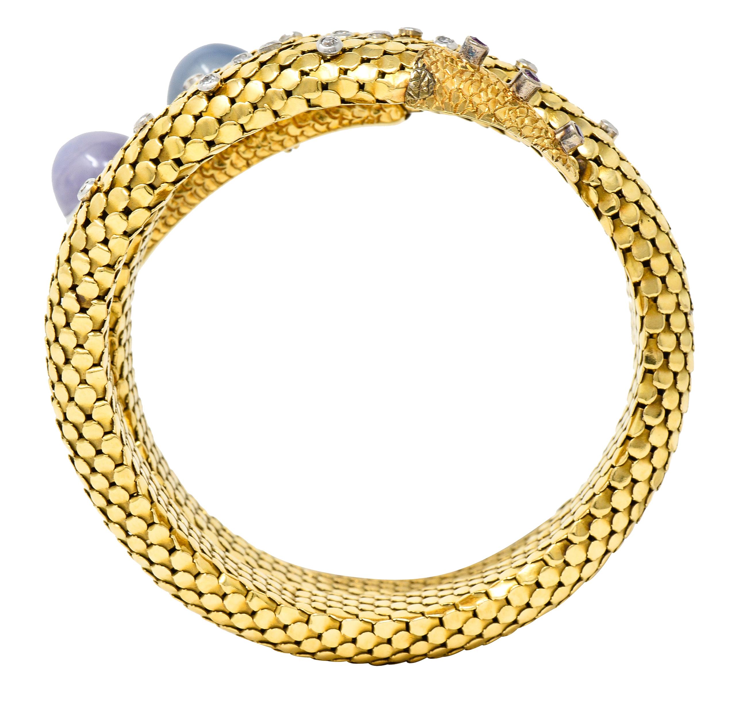 Mid-Century Sapphire Diamond Platinum 14 Karat Yellow Gold Snake Wrap Bracelet 5