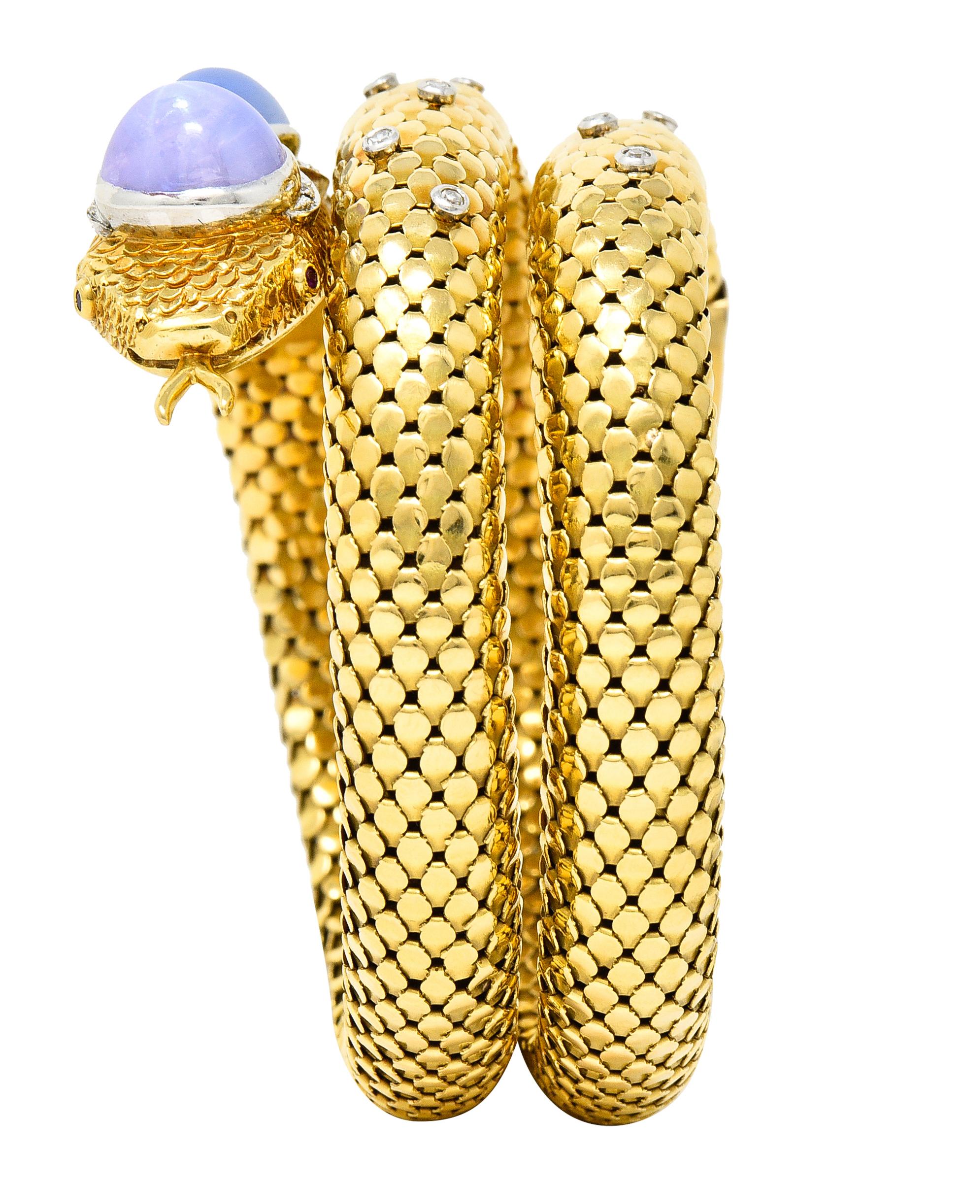 Mid-Century Sapphire Diamond Platinum 14 Karat Yellow Gold Snake Wrap Bracelet 6