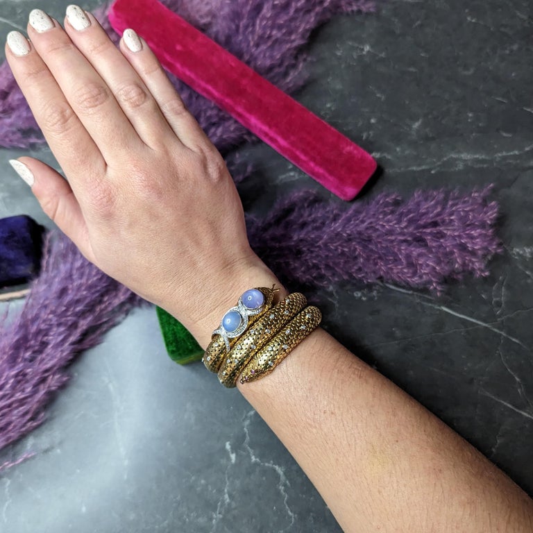 MidCentury Sapphire Diamond Platinum 14 Karat Yellow Gold Snake Wrap