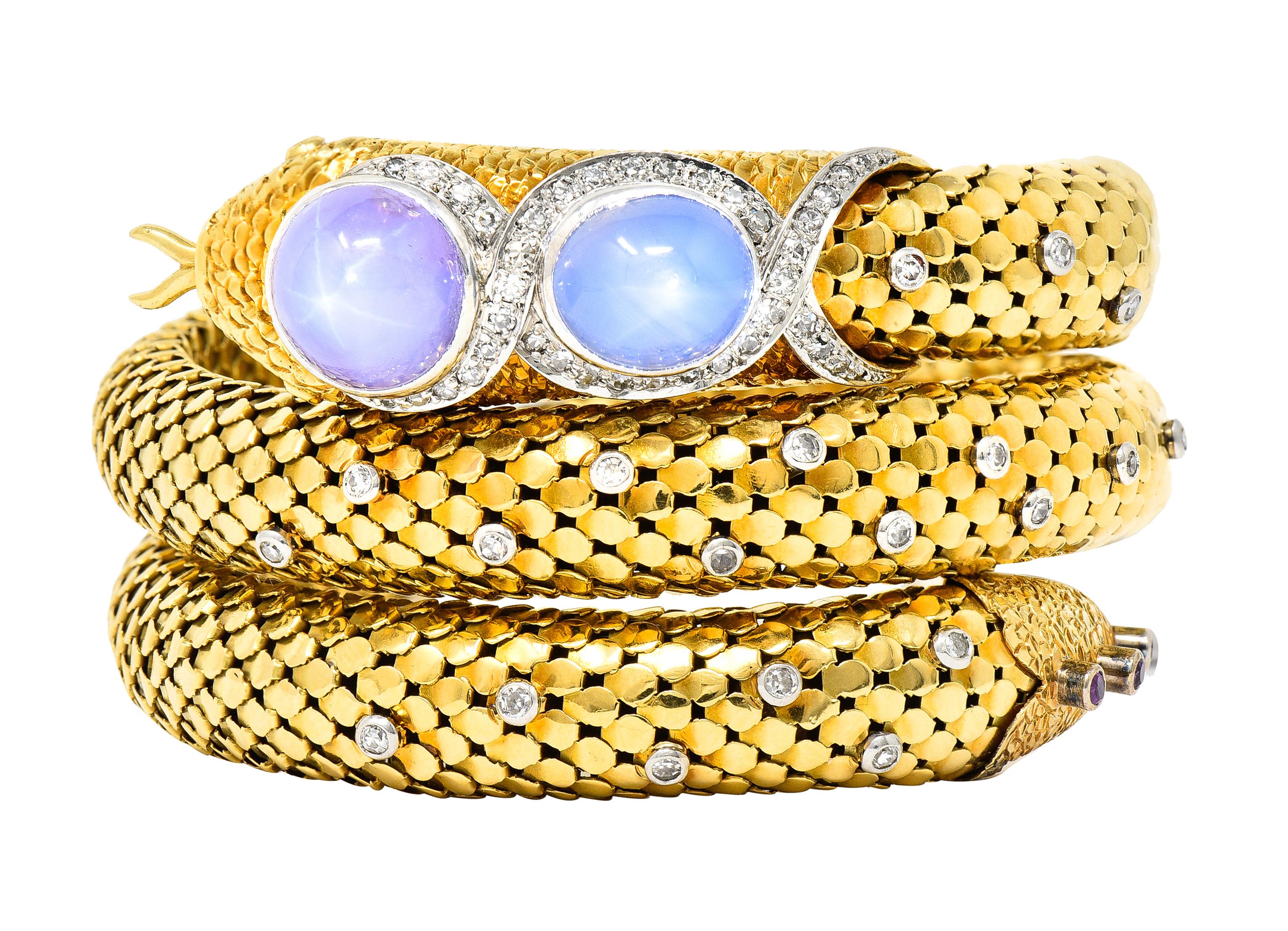 Retro Mid-Century Sapphire Diamond Platinum 14 Karat Yellow Gold Snake Wrap Bracelet