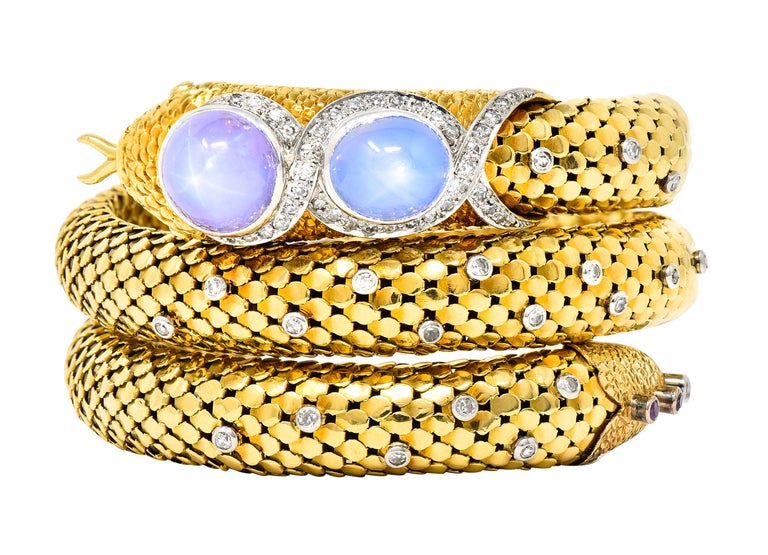 MidCentury Sapphire Diamond Platinum 14 Karat Yellow Gold Snake Wrap