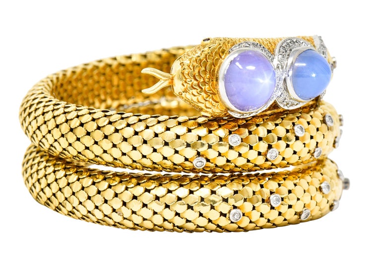 MidCentury Sapphire Diamond Platinum 14 Karat Yellow Gold Snake Wrap