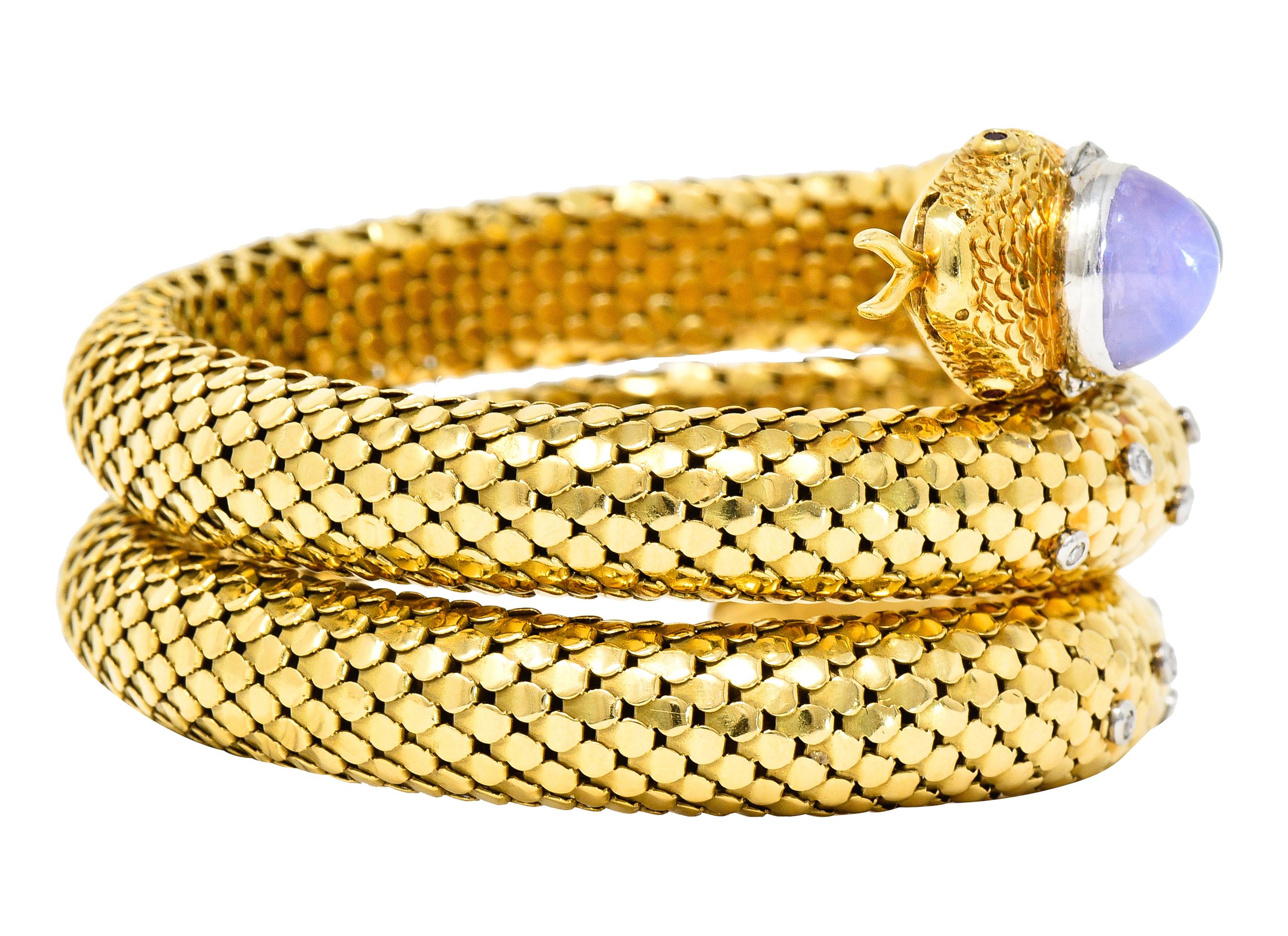 Mid-Century Sapphire Diamond Platinum 14 Karat Yellow Gold Snake Wrap Bracelet In Excellent Condition In Philadelphia, PA