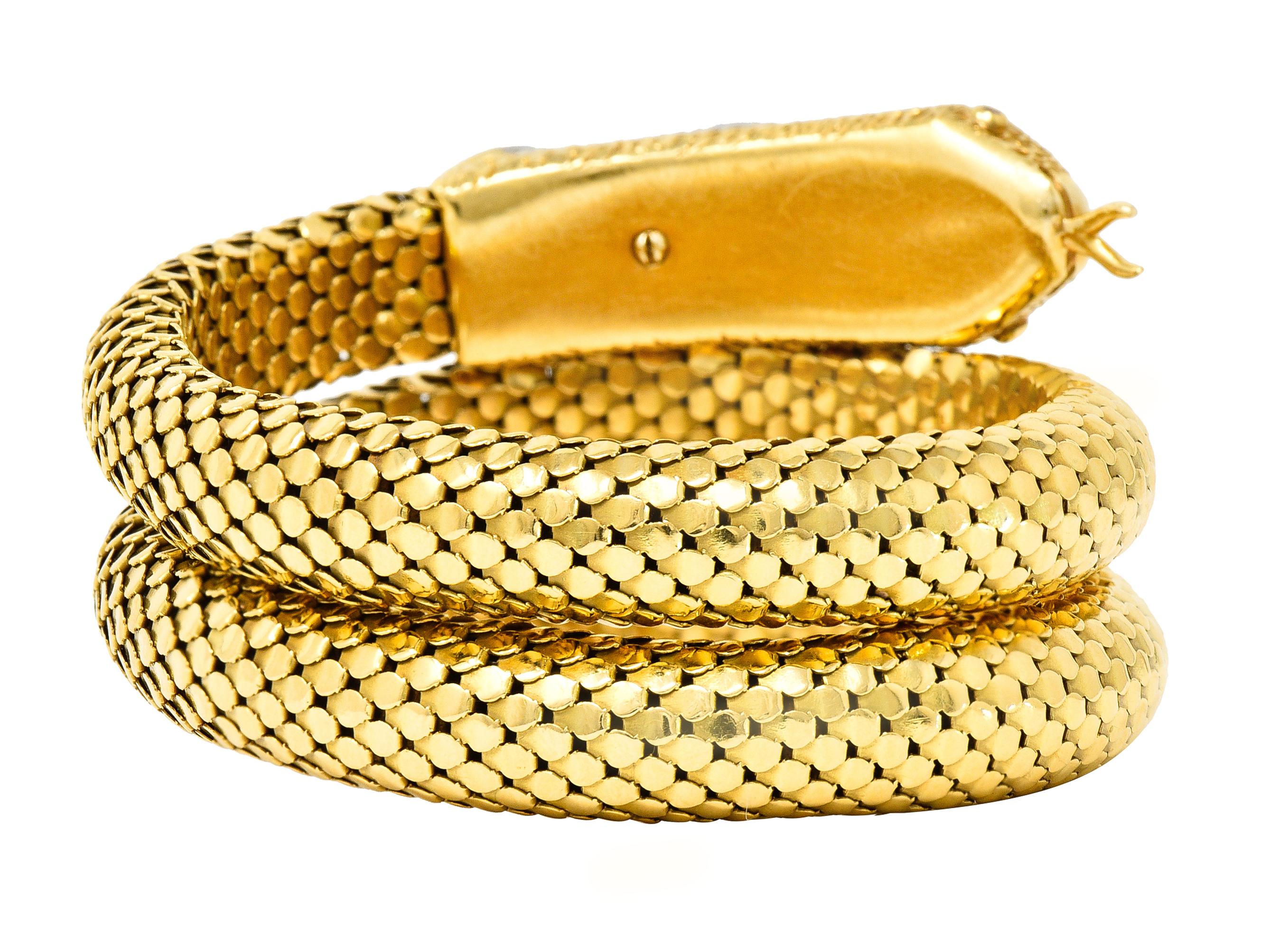Women's or Men's Mid-Century Sapphire Diamond Platinum 14 Karat Yellow Gold Snake Wrap Bracelet