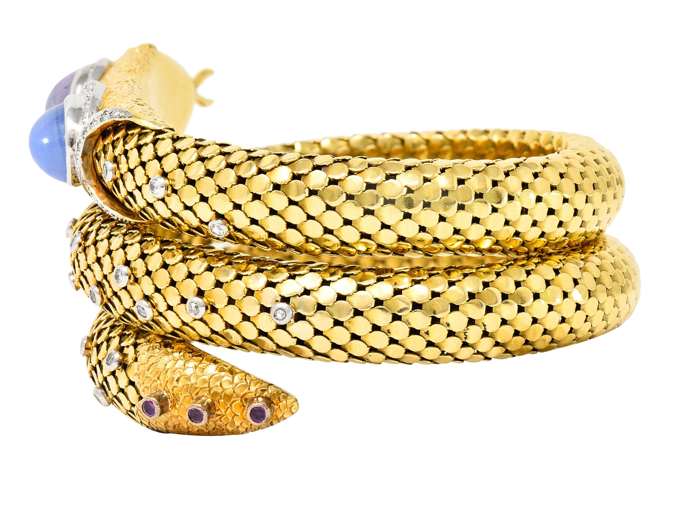 Mid-Century Sapphire Diamond Platinum 14 Karat Yellow Gold Snake Wrap Bracelet 1
