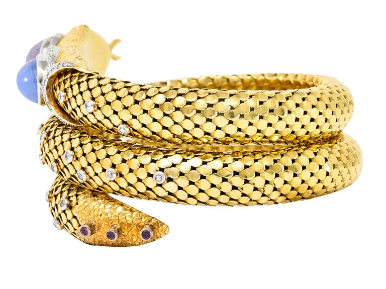 MidCentury Sapphire Diamond Platinum 14 Karat Yellow Gold Snake Wrap