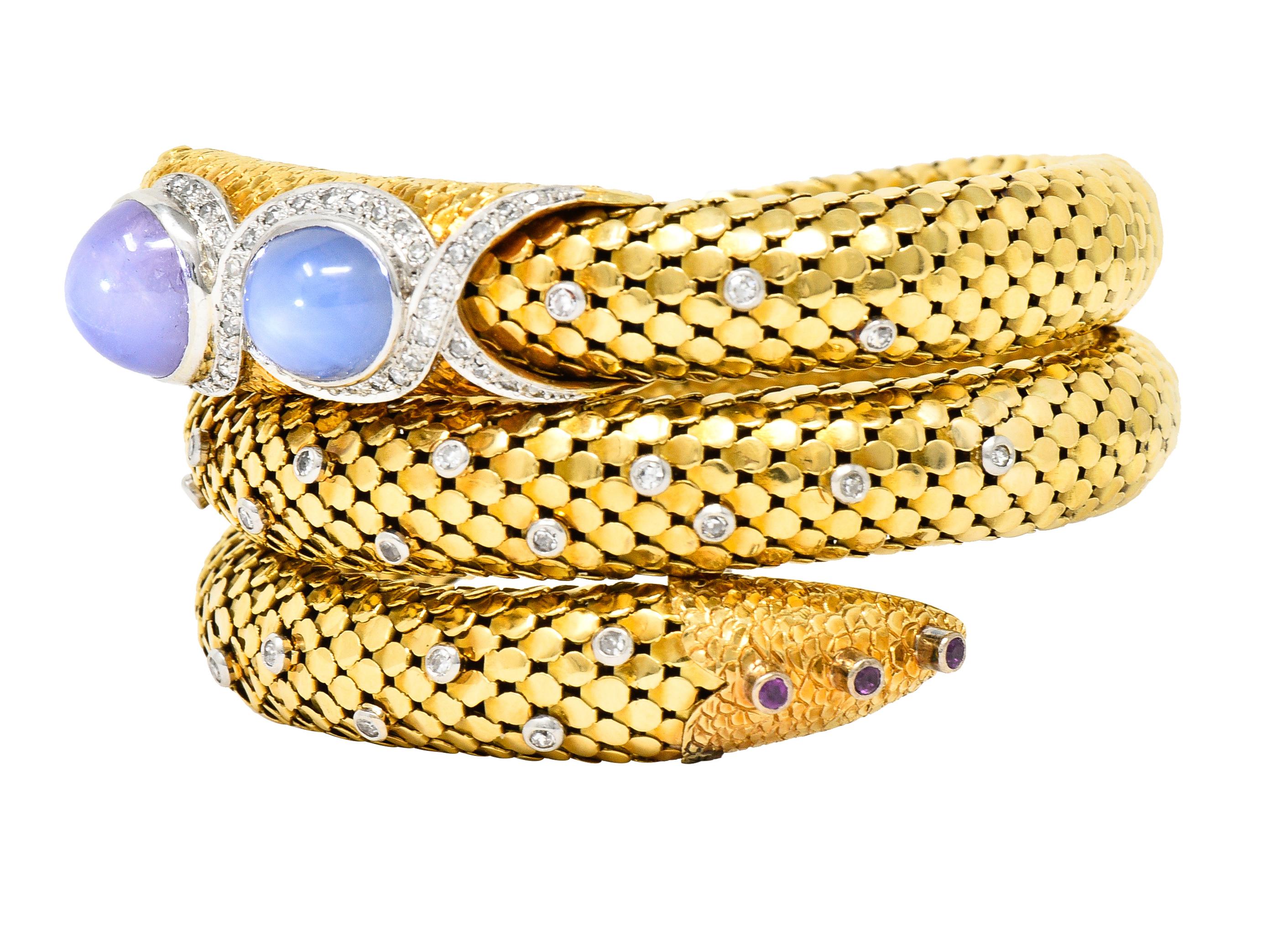 Mid-Century Sapphire Diamond Platinum 14 Karat Yellow Gold Snake Wrap Bracelet 2