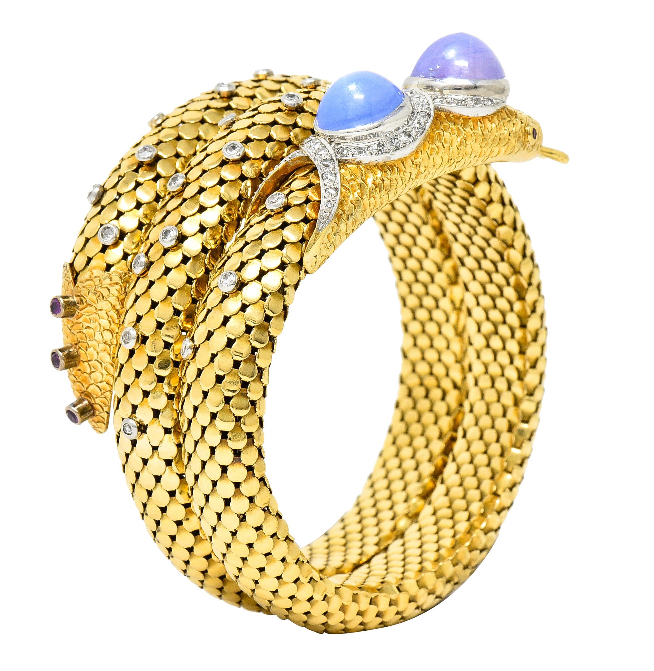 Mid-Century Sapphire Diamond Platinum 14 Karat Yellow Gold Snake Wrap Bracelet 3