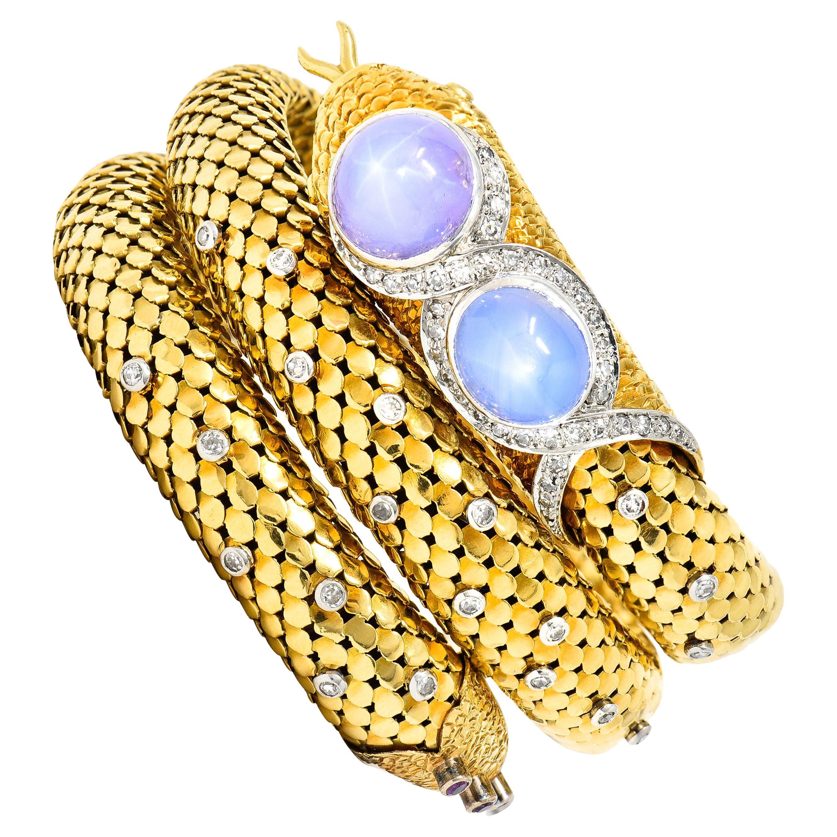 Mid-Century Sapphire Diamond Platinum 14 Karat Yellow Gold Snake Wrap Bracelet