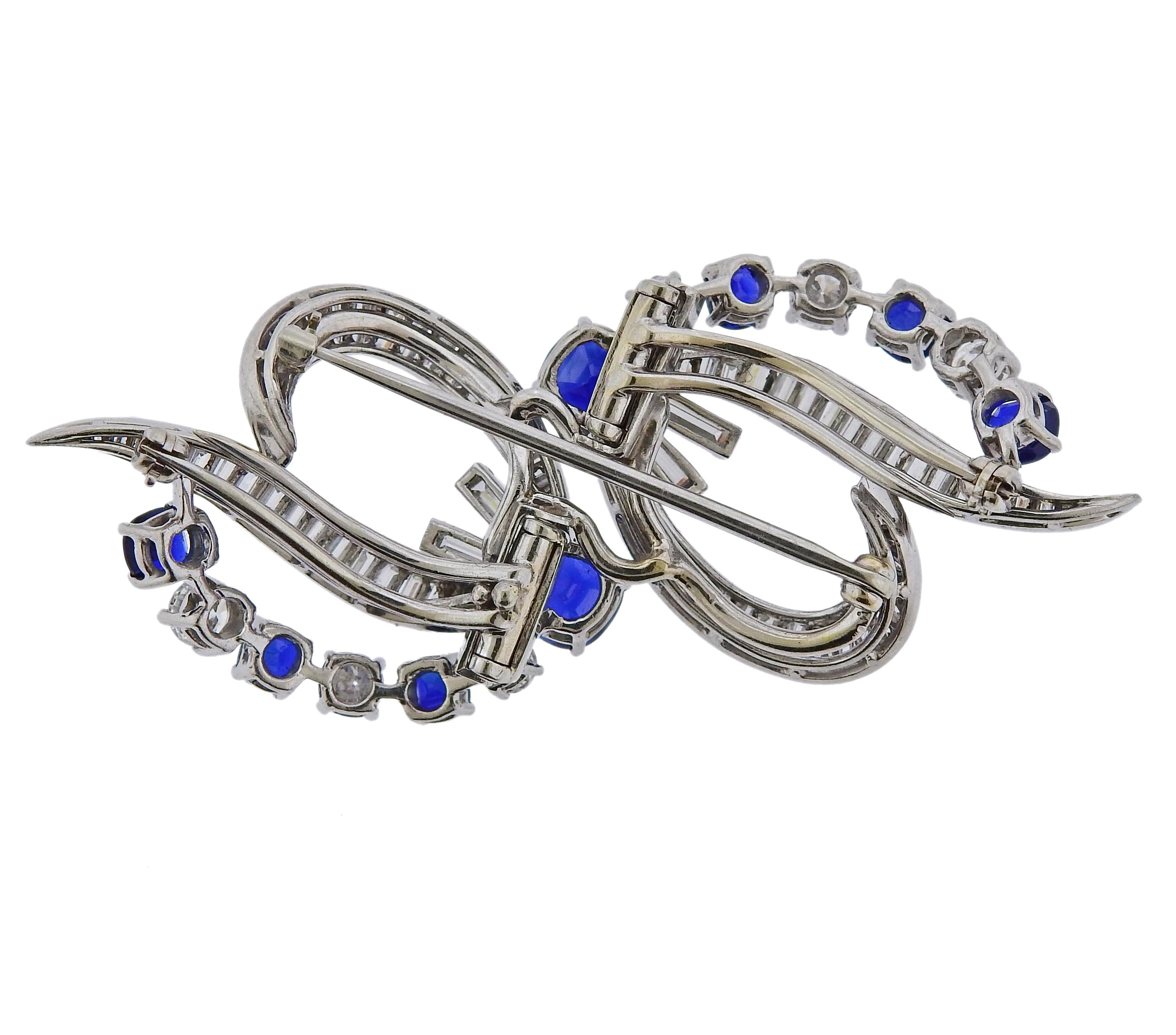 Midcentury Sapphire Diamond Platinum Brooch Clip In Excellent Condition For Sale In New York, NY