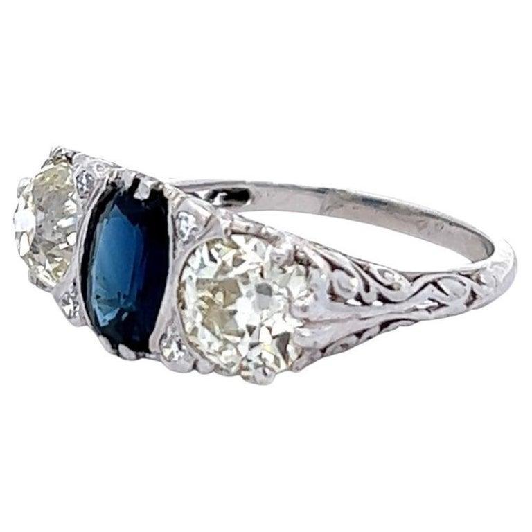 Women's or Men's Mid-Century Sapphire Diamond Platinum Filigree Three Stone Ring