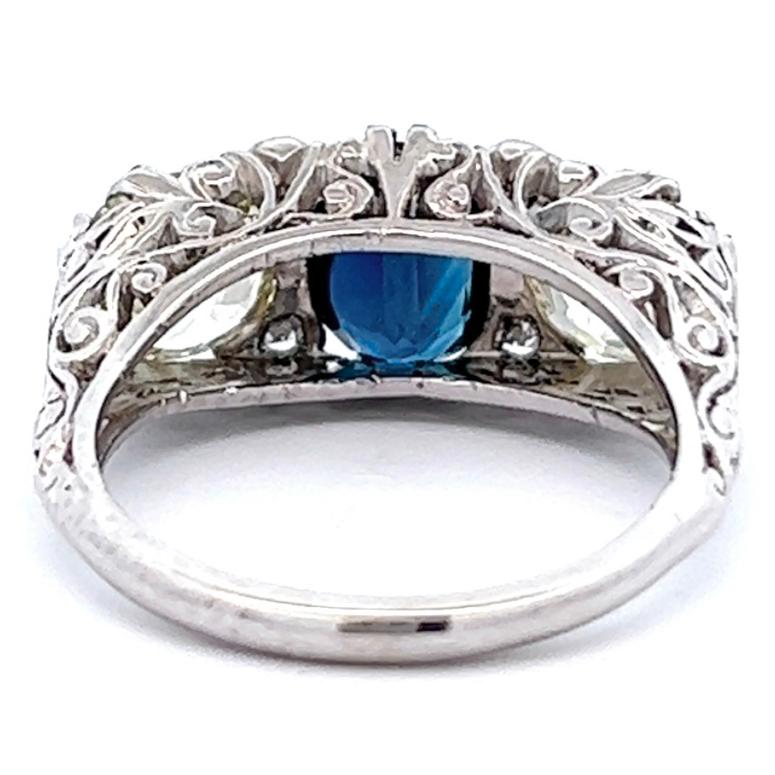 Mid-Century Sapphire Diamond Platinum Filigree Three Stone Ring 1