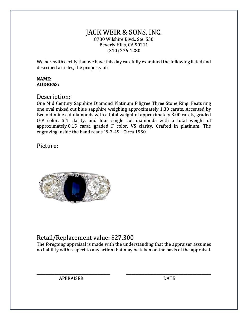 Mid-Century Sapphire Diamond Platinum Filigree Three Stone Ring 2