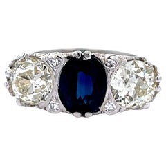 Mid-Century Sapphire Diamond Platinum Filigree Three Stone Ring