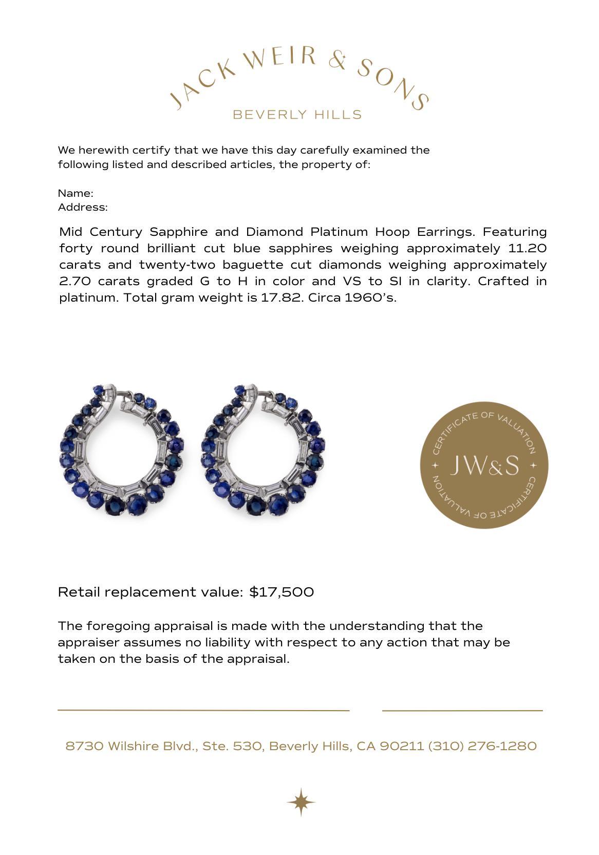 Taglio brillante Orecchini a cerchio in platino con zaffiro e diamante del Mid Century in vendita