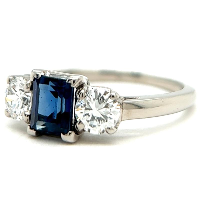 Women's or Men's Mid Century Sapphire Diamond Platinum Three Stone Ring