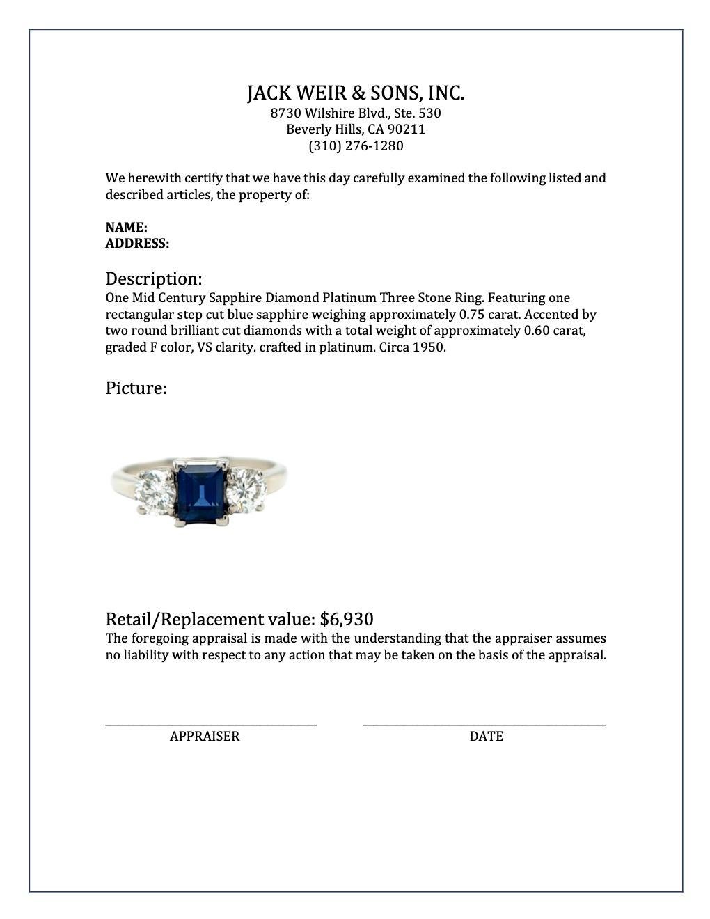 Mid Century Sapphire Diamond Platinum Three Stone Ring 2