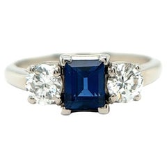 Mid Century Sapphire Diamond Platinum Three Stone Ring