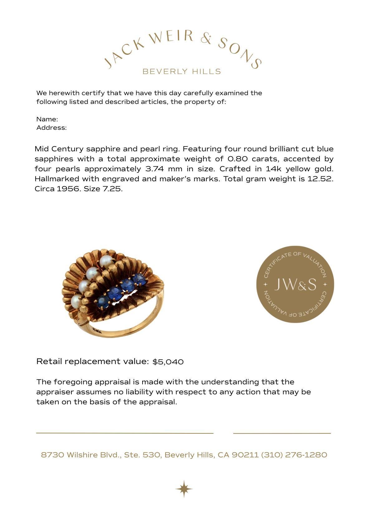 De las mujeres Anillo de cóctel de oro amarillo de 14k con zafiro y perla de mediados de siglo en venta